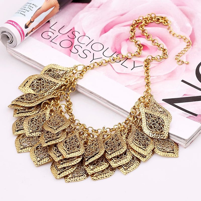 YAZILIND Vintage Gorgeous Multilayer Gold-Silver-Plated Leaves Chain Collar Bib Chunky Necklace (Gold-tone) - Image 4